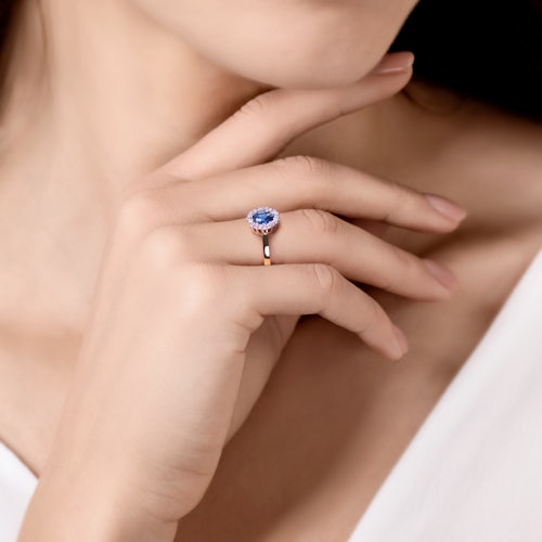 Pierścionek zaręczynowy SAVICKI: dwukolorowe złoto, niebieski szafir, diamenty